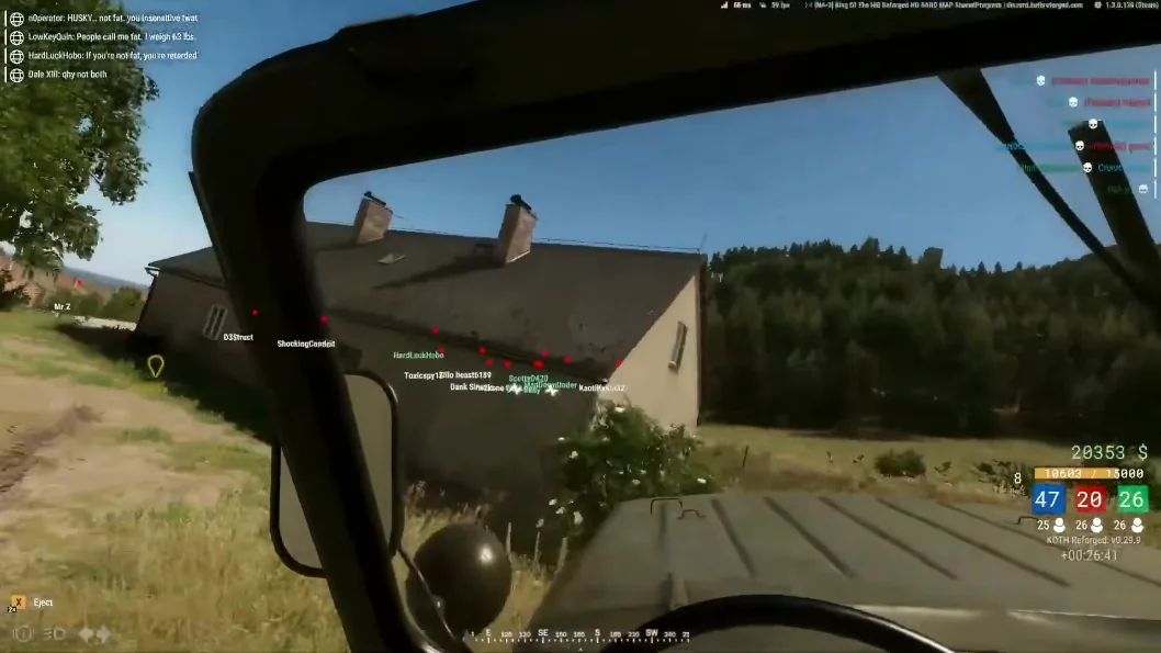 Arma Reforger ESP showing player markers and distance tags from a vehicle